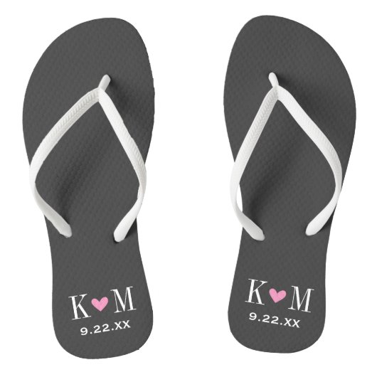 Grijs en Roze Modern Huwelijk Monogram Teenslippers (Voetbed)