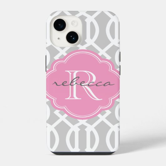 Grijs en Roze Moderne Traliewerk Aangepast Monogra iPhone Hoesje (Achterkant)