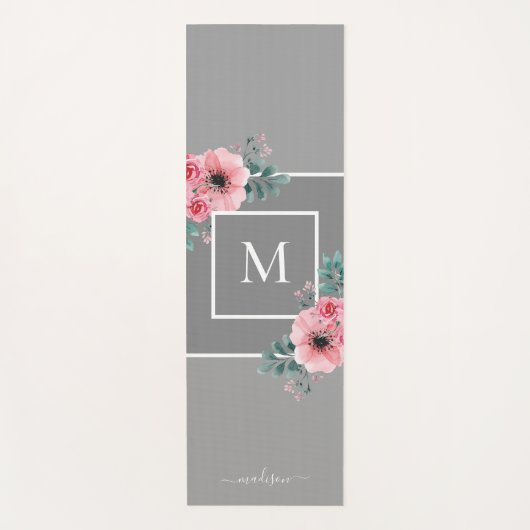 Grijs en Roze | Monogram Waterverf bloemen Yogamat (Voorkant)