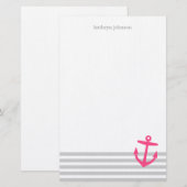 Grijs en roze nautische strepen en Schattige anker Briefpapier (Voorkant / Achterkant)