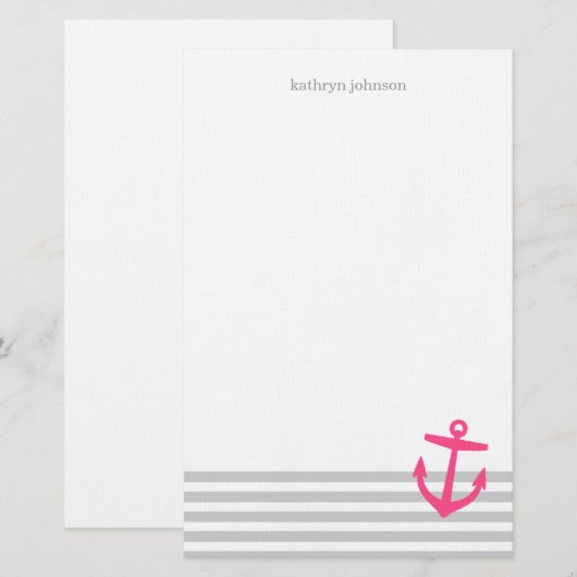 Grijs en roze nautische strepen en Schattige anker Briefpapier (Voorkant / Achterkant)