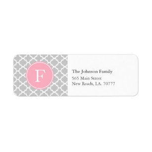 Grijs en Roze Quatrefoil Monogram Adresetiketten Etiket