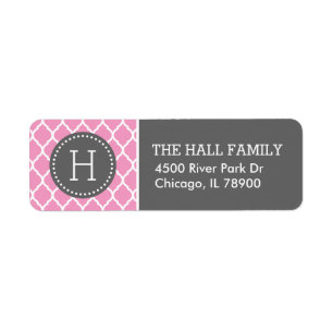 Grijs en Roze Quatrefoil Monogram Retouradres Etiket