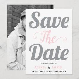 Grijs en roze typografie en foto op de achterkant save the date