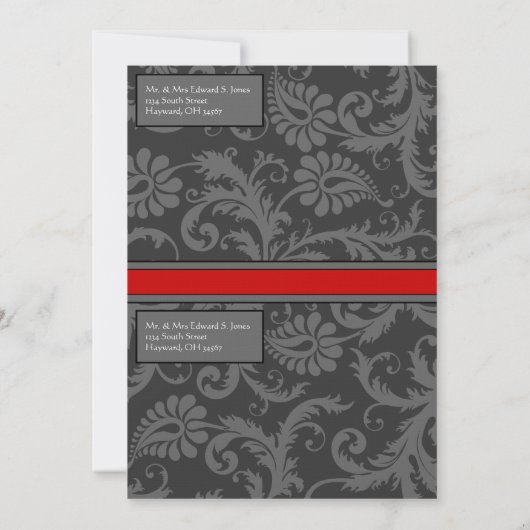 Grijs en RSVP-Briefkaart met rode Damask Swirl Kaart (Achterkant)