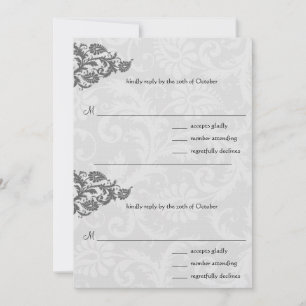Grijs en RSVP-Briefkaart met rode Damask Swirl Kaart