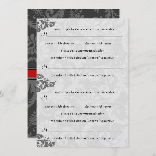 Grijs en RSVP-Briefkaart met rode Damask Swirl Kaart (Voorkant / Achterkant)