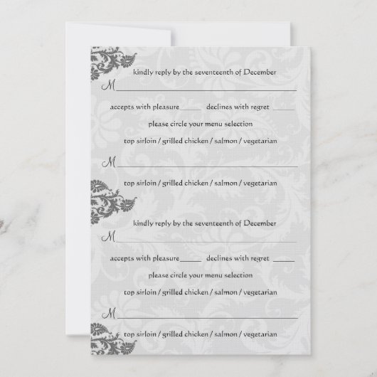 Grijs en RSVP-Briefkaart met rode Damask Swirl Kaart (Voorkant)
