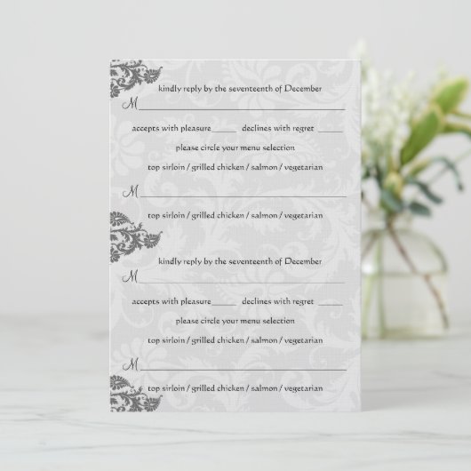 Grijs en RSVP-Briefkaart met rode Damask Swirl Kaart (Staand voorkant)
