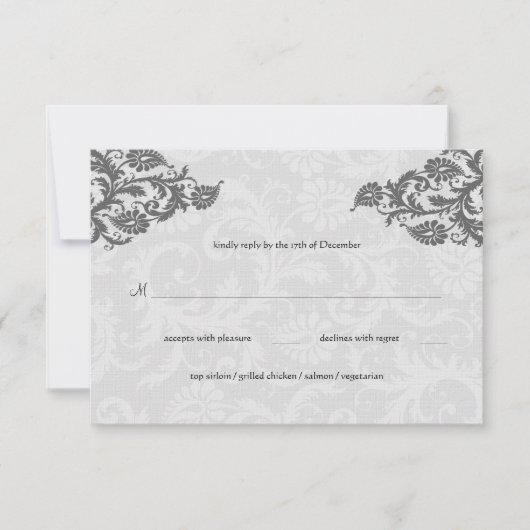 Grijs en RSVP-Briefkaart met rode Damask Swirl RSVP Kaartje (Voorkant)