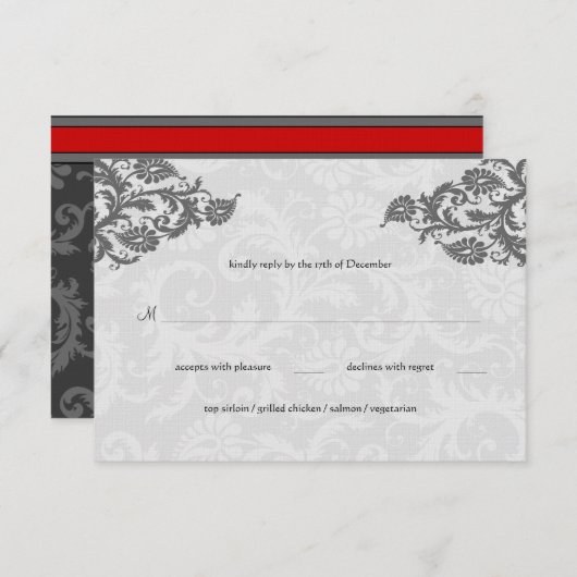 Grijs en RSVP-Briefkaart met rode Damask Swirl RSVP Kaartje (Voorkant / Achterkant)