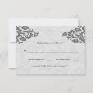 Grijs en RSVP-Briefkaart met rode Damask Swirl RSVP Kaartje