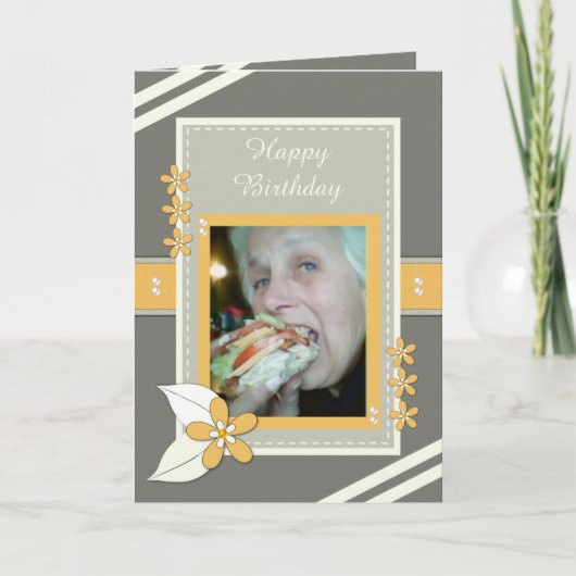 Grijs en sinaasappel met bloemen en foto's kaart (Voorkant)