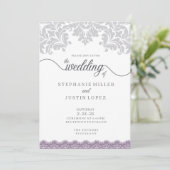 Grijs en Stoffig Paarse Scroll Bruiloft Uitnodigin Kaart (Staand voorkant)