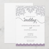 Grijs en Stoffig Paarse Scroll Bruiloft Uitnodigin Kaart (Voorkant / Achterkant)