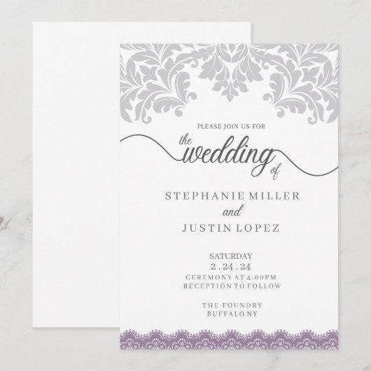 Grijs en Stoffig Paarse Scroll Bruiloft Uitnodigin Kaart (Voorkant / Achterkant)
