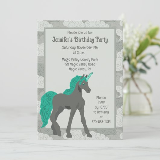 Grijs en Teal Eenhoorn Persoonlijk Kaart (Staand voorkant)