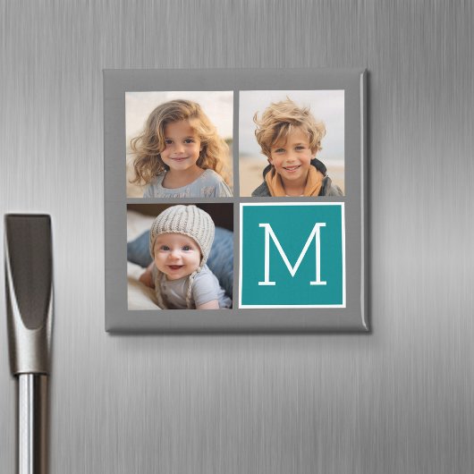 Grijs en Teal - Foto Collage Monogram Magneet