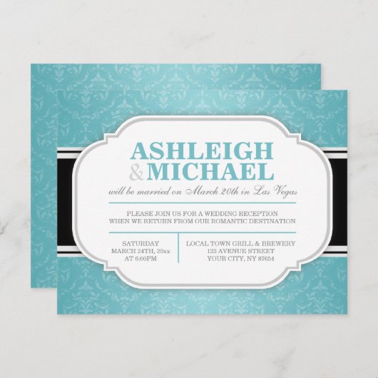 Grijs en Turquoise Damask Wedding Reception SLECHT Kaart (Voorkant / Achterkant)