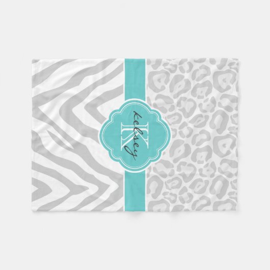 Grijs en Turquoise Dierenprint Custom Monogram Fleece Deken (Voorkant (Horizontaal))