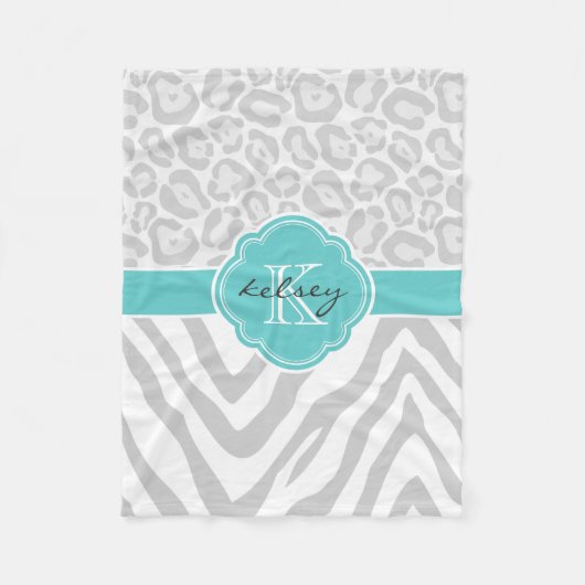Grijs en Turquoise Dierenprint Custom Monogram Fleece Deken (Voorkant)