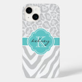 Grijs en Turquoise Dierenprint Monogram Case-Mate iPhone Case (Achterkant)