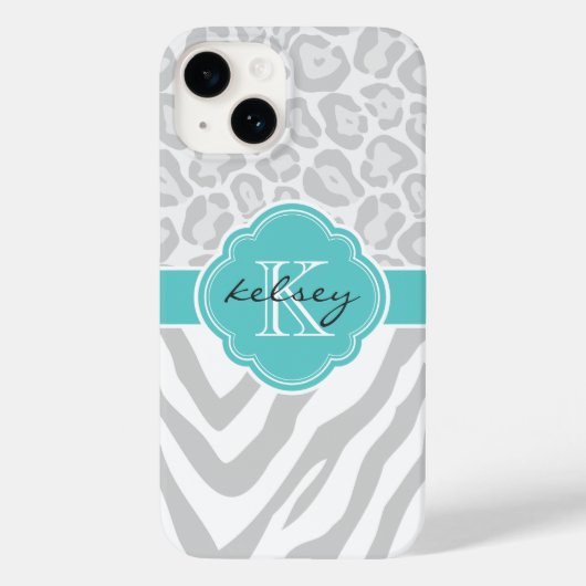 Grijs en Turquoise Dierenprint Monogram Case-Mate iPhone Case (Achterkant)