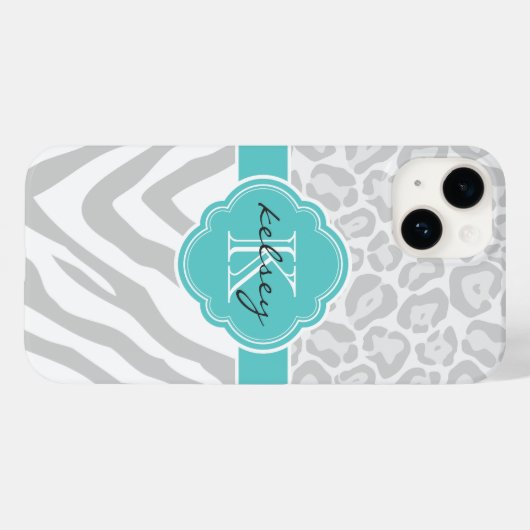 Grijs en Turquoise Dierenprint Monogram Case-Mate iPhone Case (Achterkant (horizontaal))