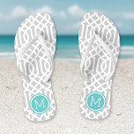 Grijs en Turquoise Trellis Monogram Teenslippers<br><div class="desc">Aangepast afgedrukte flip flop sandalen met een stijlvol,  modern patroon en uw aangepaste monogram of andere tekst in een cirkelvormig lijst. Klik aanpassen het om tekstdoopvonten en kleuren te veranderen of uw eigen afbeeldingen toe te voegen om unieke één van een soortontwerp te creëer!</div>