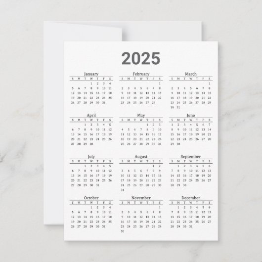 Grijs en wit 2025 Jaar in een oogopslag Kalender F Kaart (Voorkant)