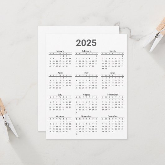 Grijs en wit 2025 Jaar in een oogopslag Kalender F Kaart (Voorkant / Achterkant in situ)