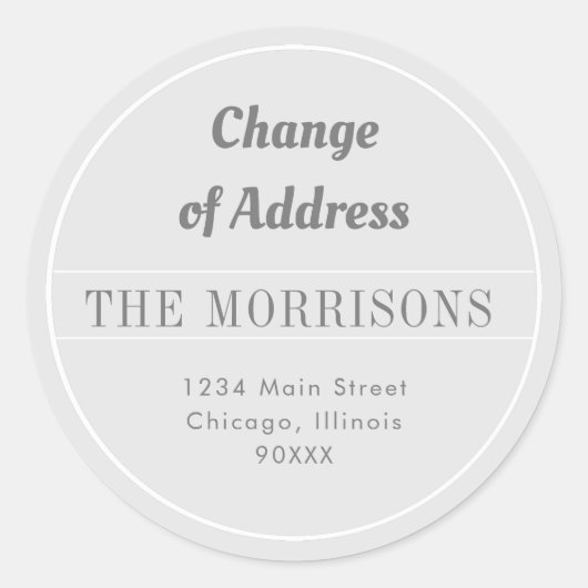 Grijs en wit adreswijziging ronde sticker (Voorkant)