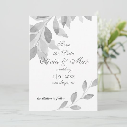 Grijs en wit aquarel Save The Date (Staand voorkant)