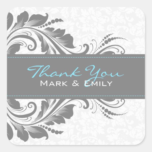 Grijs en wit bloemig Ornament Vierkante Sticker (Voorkant)