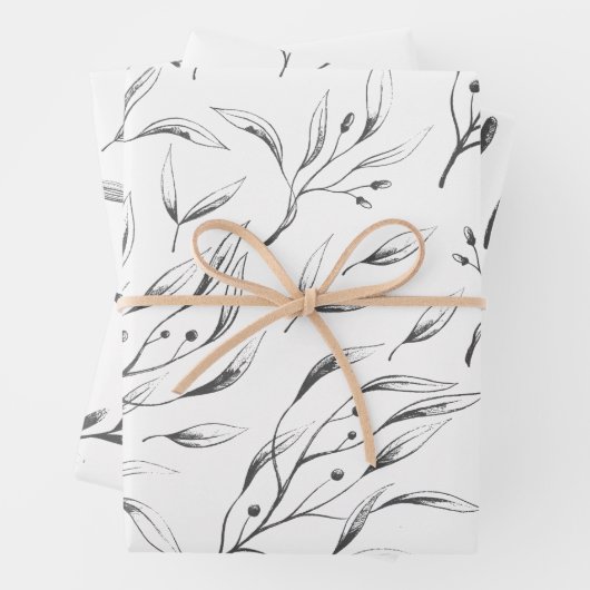 Grijs en wit botanisch inpakpapier set (In situ)