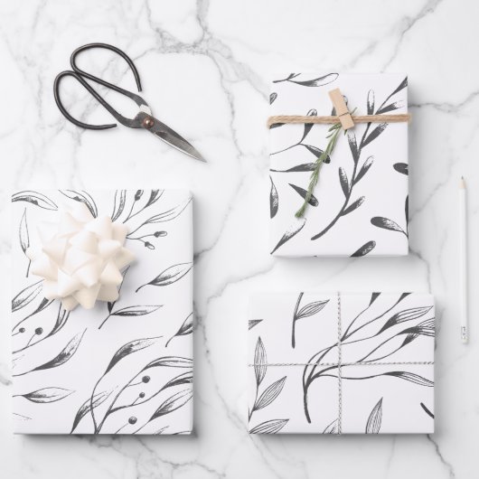 Grijs en wit botanisch inpakpapier set (Voorkant)