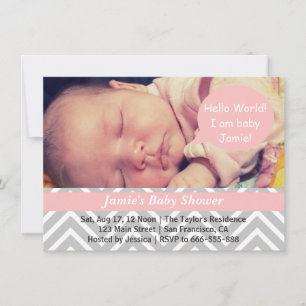 Grijs en wit Chevron Meisje Baby Shower Foto Kaart