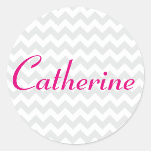 Grijs en Wit Chevron met Vet Script Naam Ronde Sticker