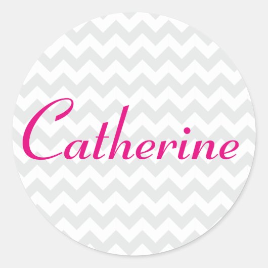 Grijs en Wit Chevron met Vet Script Naam Ronde Sticker (Voorkant)