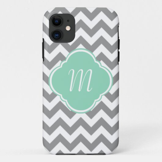 Grijs en wit Chevron Stripe Aangepast monogram Case-Mate iPhone Case (Achterkant)