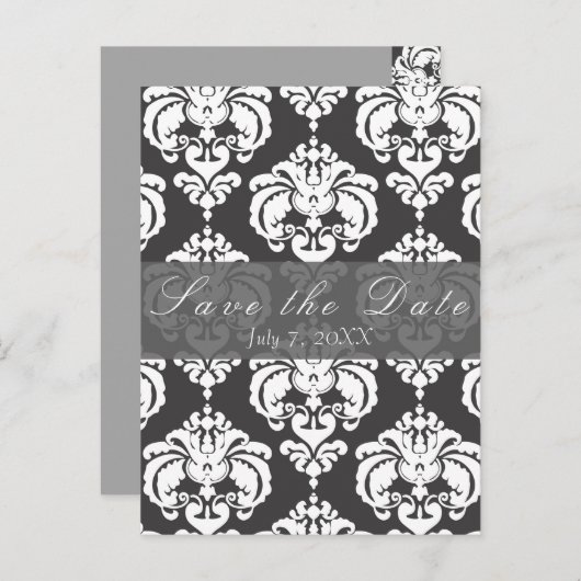Grijs en wit Damascus Chic Wedding Save the Date Aankondigingskaart (Voorkant / Achterkant)