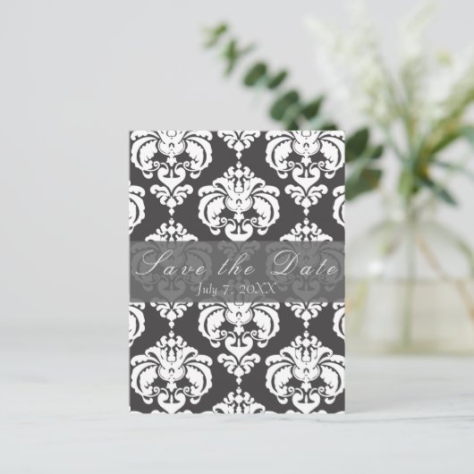 Grijs en wit Damascus Chic Wedding Save the Date Aankondigingskaart (Staand voorkant)