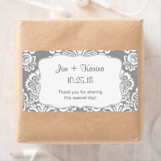 Grijs en wit Damask Water Bottle - pas het aan! Etiket (Insitu)