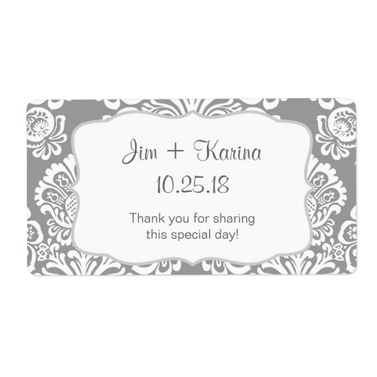 Grijs en wit Damask Water Bottle - pas het aan! Etiket (Voorkant)