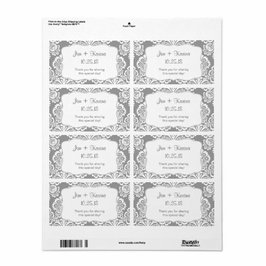 Grijs en wit Damask Water Bottle - pas het aan! Etiket (Full Sheet)