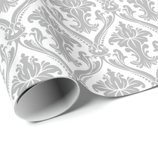 Grijs en wit  Damaspatroon Cadeaupapier (Rol Hoek)
