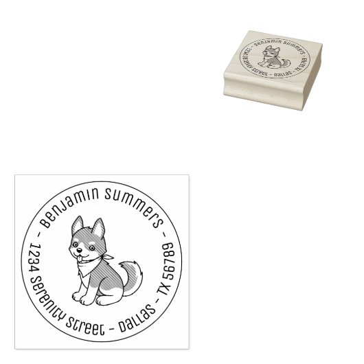 Grijs en Wit Eierige Puppy Dog Ronde Adres Rubberstempel (Gestempeld)