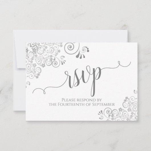 Grijs en Wit Elegant Calligrafie Frilly Wedding RSVP Kaartje (Voorkant)