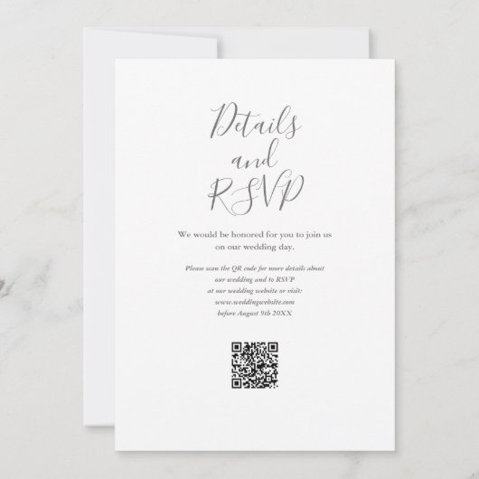 Grijs en wit elegante script QR-code bruiloft Kaart (Achterkant)