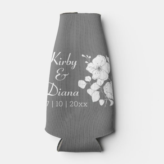 grijs en wit Floral bruiloft Flesjeskoeler (Voorkant)